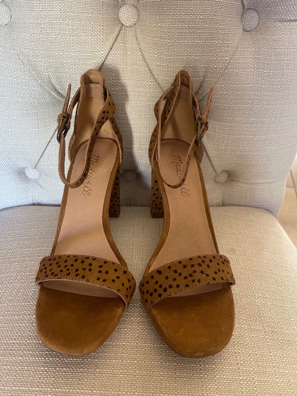 Madewell Spotted Calf Hair Block Heel Sandal — Ankle Strap — Size 6 — Never Worn